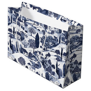 Blue Toile Countryside Scene Large Gift Bag