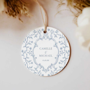 Blue Toile Crest Round Favour Tag