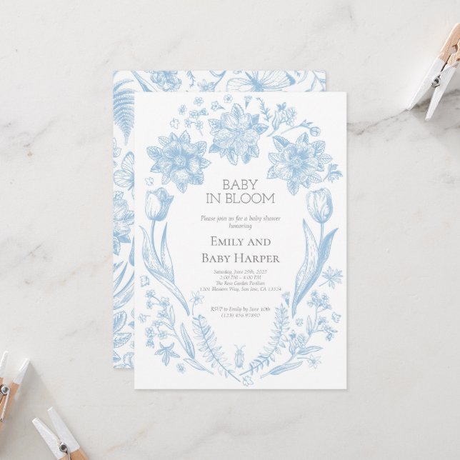 Blue Toile de Jouy Baby in Bloom Baby Shower 3 Invitation (Front/Back In Situ)