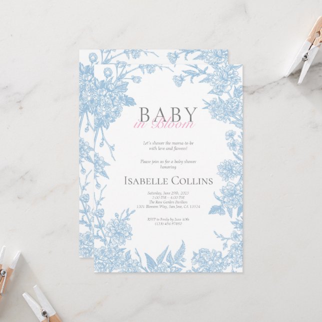 Blue Toile de Jouy Baby in Bloom Baby Shower Invit Invitation (Front/Back In Situ)