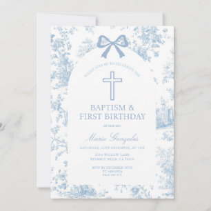 Blue Toile de Jouy Baptism & First Birthday Bow Invitation