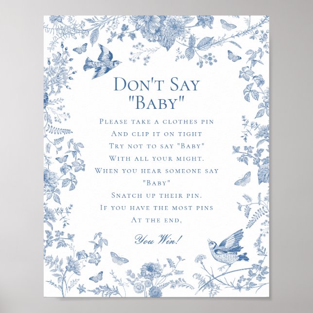 Blue Toile De Jouy Dont Say Baby Shower Game Poster (Front)