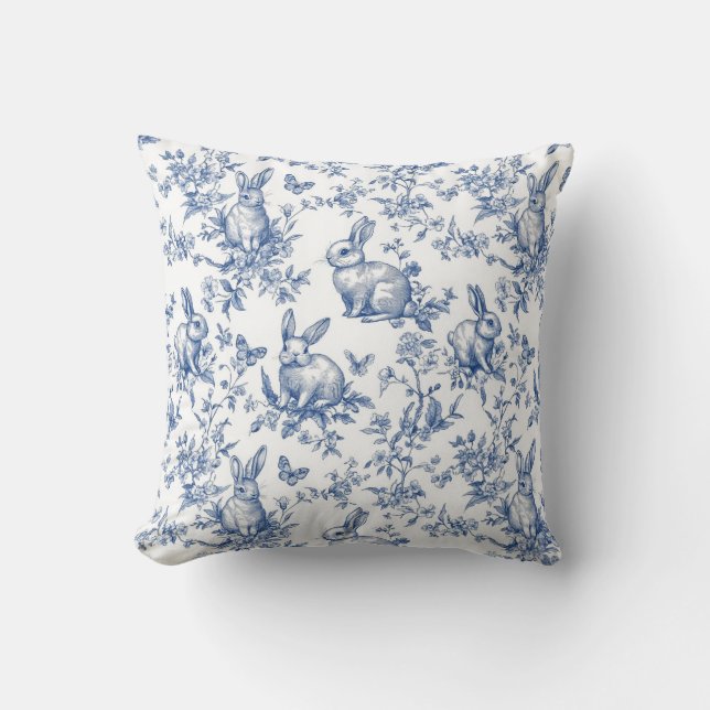 Blue Toile De Jouy Easter Bunny Cushion (Front)