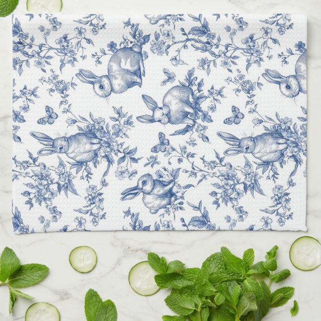 Blue Toile De Jouy Easter Bunny Tea Towel (Folded)