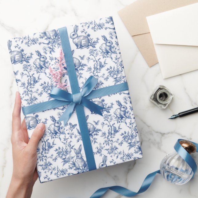 Blue Toile De Jouy Easter Bunny Wrapping Paper (Gifting)