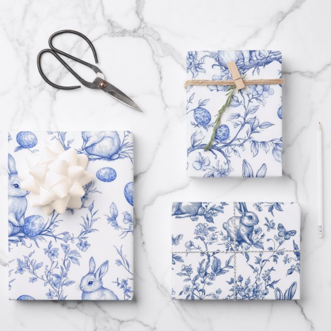 Blue Toile De Jouy Easter Bunny Wrapping Paper Sheet (Front)