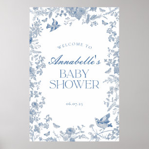 Blue Toile De Jouy Floral Baby Shower Welcome Sign