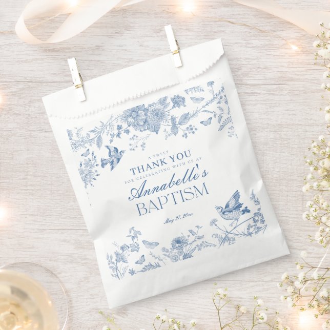 Blue Toile De Jouy Floral Baptism Dessert Favour Bag (Clipped)