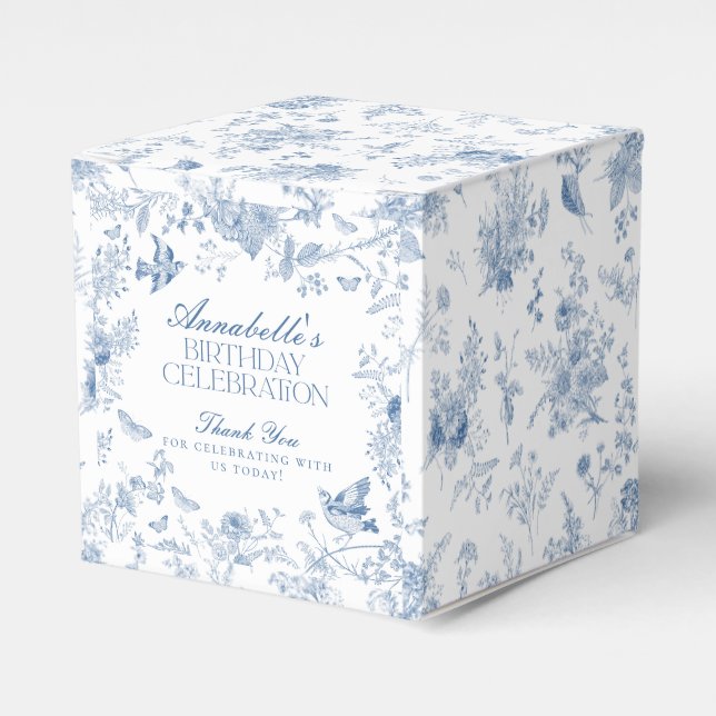 Blue Toile De Jouy Floral Birthday Party Favour Bo Box (Front Side)