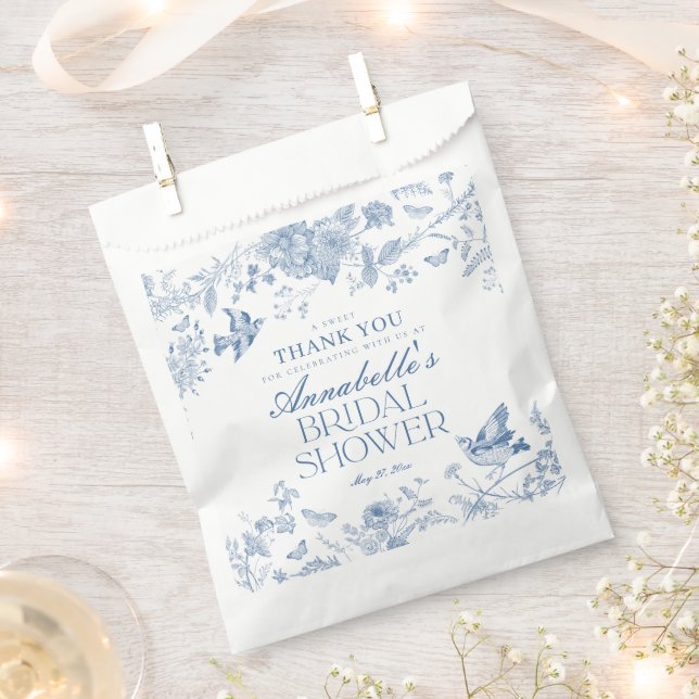 Blue Toile De Jouy Floral Bridal Shower Dessert Favour Bag (Clipped)