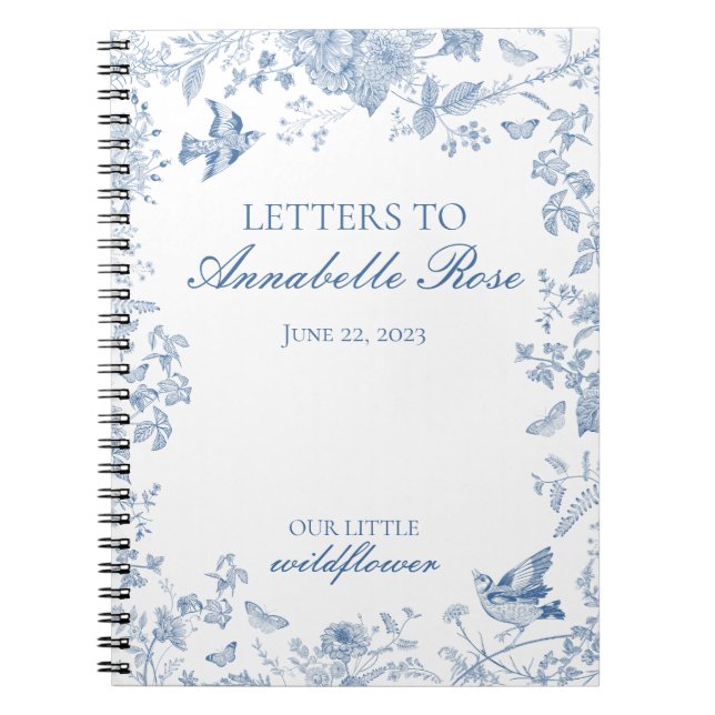 Blue Toile De Jouy Floral Letters to Birthday Girl Notebook (Front)