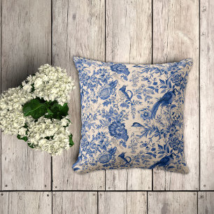 Blue Toile de Jouy Flowers and Pheasants  Cushion
