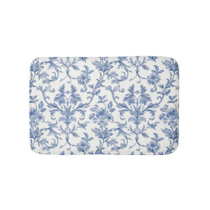 Blue Toile de Jouy French Country Floral Pattern Bath Mat