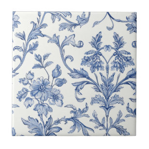Blue Toile de Jouy French Country Floral Pattern Ceramic Tile