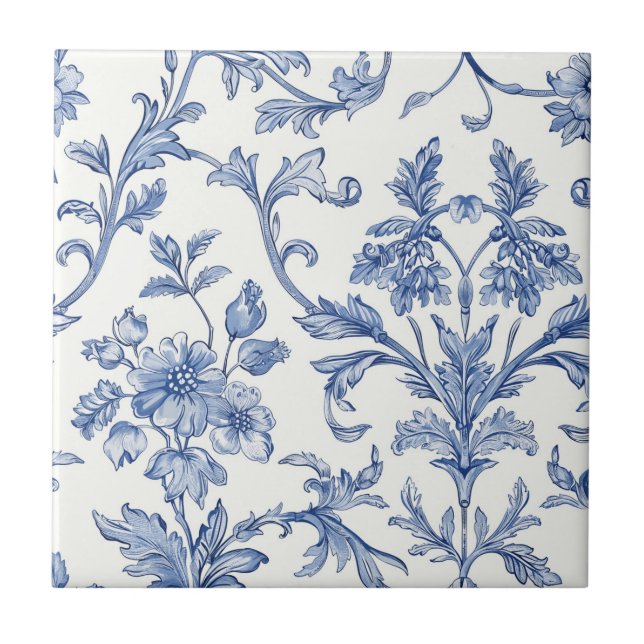 Blue Toile de Jouy French Country Floral Pattern Ceramic Tile (Front)