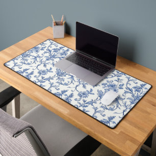 Blue Toile de Jouy French Country Floral Pattern Desk Mat