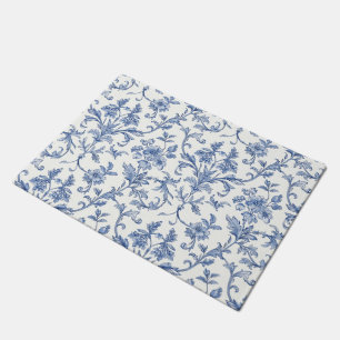Blue Toile de Jouy French Country Floral Pattern Doormat