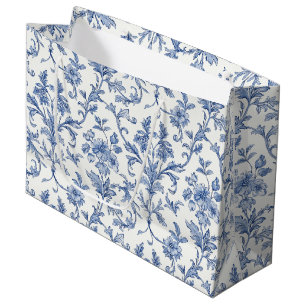 Blue Toile de Jouy French Country Floral Pattern Large Gift Bag