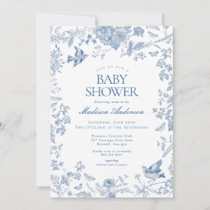 Blue Toile De Jouy French Floral Baby Shower Invitation