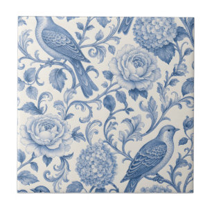 Blue Toile de Jouy French Floral Bird Pattern Ceramic Tile