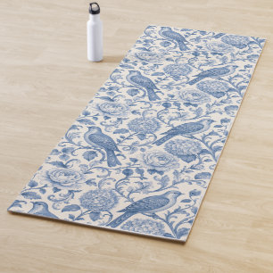 Blue Toile de Jouy French Floral Bird Pattern Yoga Mat