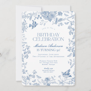 Blue Toile De Jouy French Floral Birthday Party Invitation