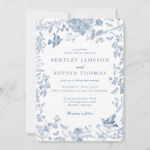 Blue Toile De Jouy French Floral Wedding Invitation