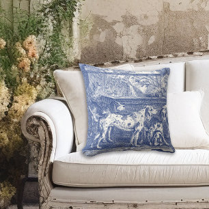 Blue Toile de Jouy Hunting Dogs in Countryside Cushion