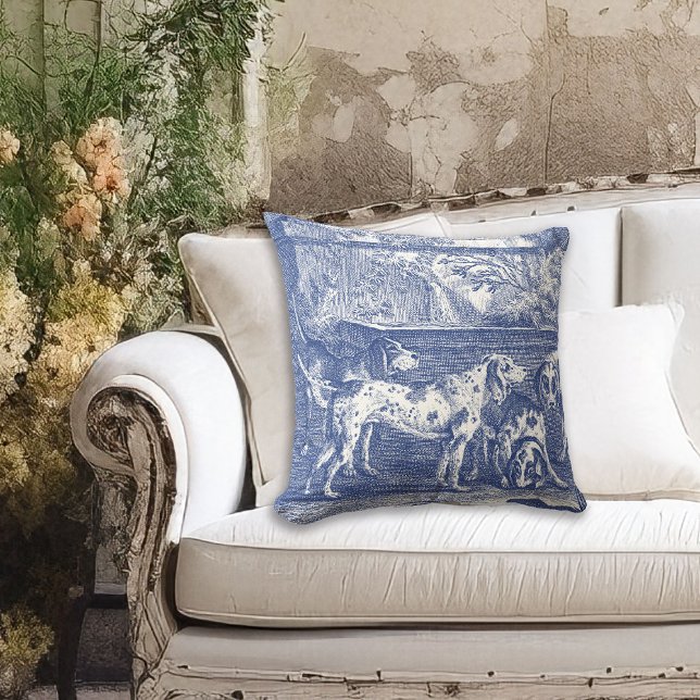 Blue Toile de Jouy Hunting Dogs in Countryside Cushion (Image approximates the 20 inch pillow size.)