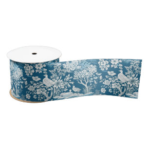 Blue Toile de Jouy-inspired Floral Thick Satin Ribbon