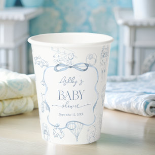 Blue Toile de Jouy Nursery Boy Baby shower Paper Cups