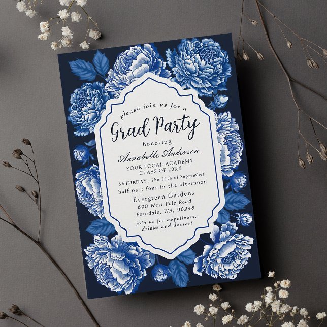 Blue Toile De Jouy Peony Classy Graduation Party Invitation (Creator Uploaded)