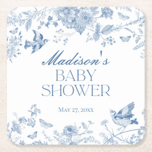 Blue Toile De Jouy Vintage Floral Baby Shower Square Paper Coaster