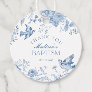 Blue Toile De Jouy Vintage Floral Baptism Favour Tags