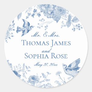 Blue Toile De Jouy Vintage Floral Wedding Classic Round Sticker