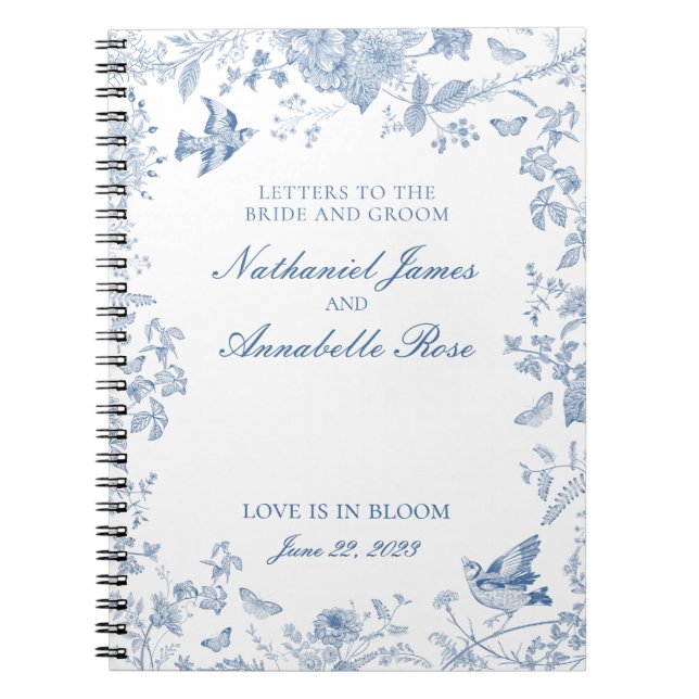 Blue Toile De Jouy Wedding Letters Bride and Groom Notebook (Front)