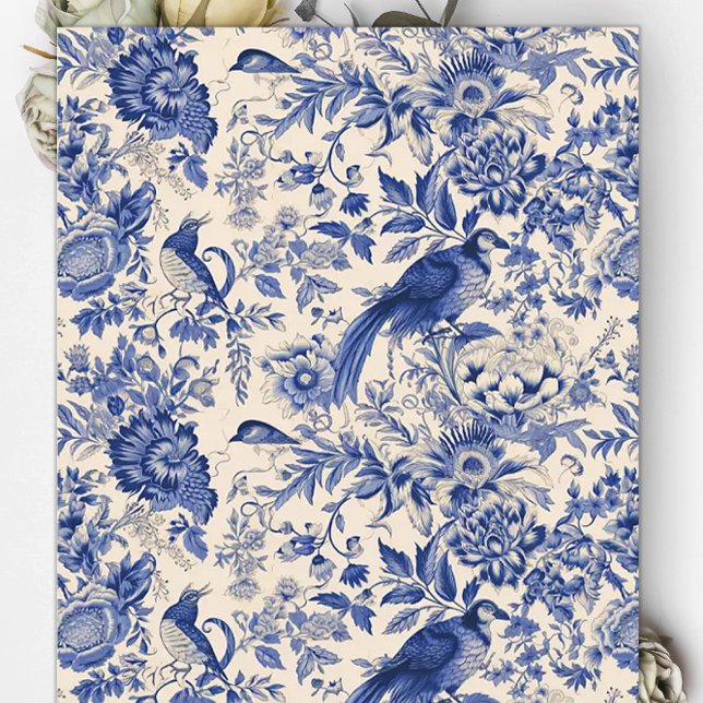 Blue Toile du Jouy Floral Pheasant Scrapbook Paper (Creator Uploaded)
