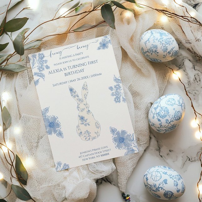 Blue toile Easter 1st Birthday Invitation (Creator Uploaded)