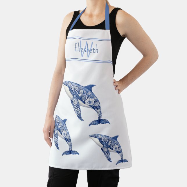 Blue Toile Floral Beach Dolphin Monogram Apron (Insitu)