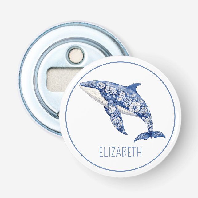 Blue Toile Floral Beach Dolphin Personalised Bottle Opener (Front)