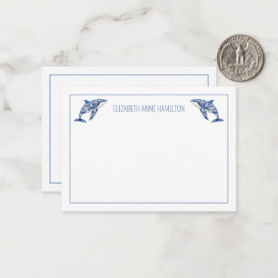 Blue Toile Floral Beach Dolphin Personalised Card