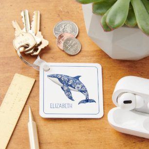 Blue Toile Floral Beach Dolphin Personalised Key Ring