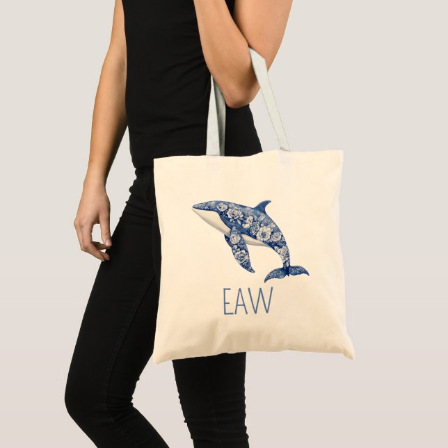 Blue Toile Floral Beach Dolphin Personalised Tote Bag (Front (Product))
