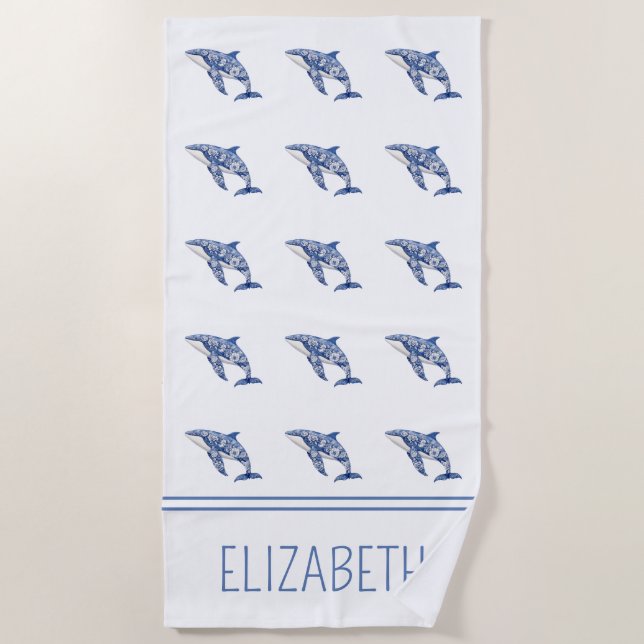 Blue Toile Floral Beach Dolphin Personalised Towel (Front)