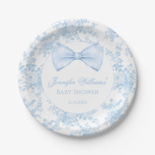 Blue Toile Floral Bow Tie French Baby Boy Shower Paper Plate