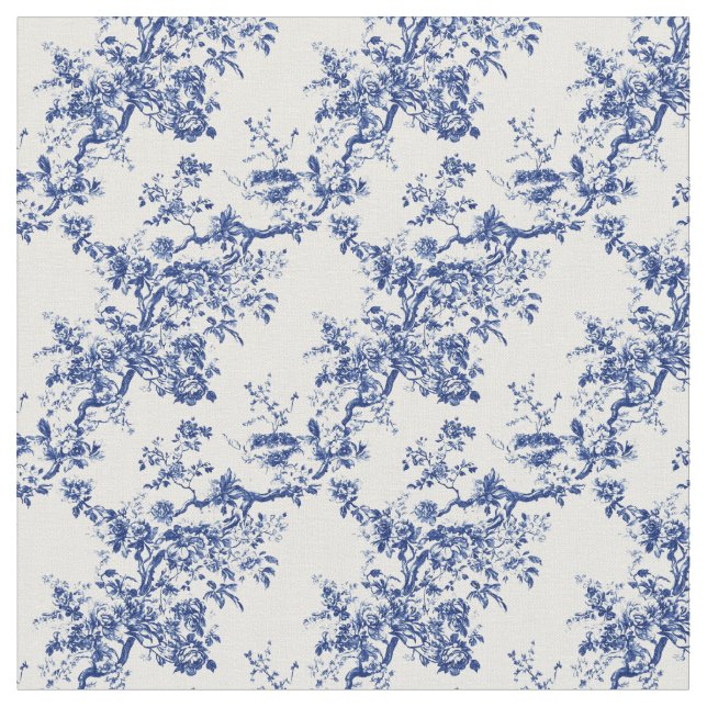 Blue Toile Floral Branch Pattern Fabric (Close Up)