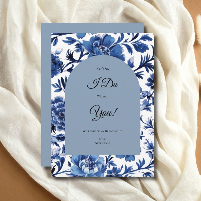 Blue Toile Floral Bridesmaid Proposal Card (Blue Toile Chinoiserie Watercolor Floral Bridesmaid Maid of Honor Proposal card. Printed or Digital)