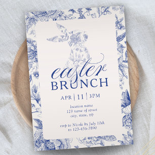 Blue Toile Floral Easter Bunny Chinoiserie Brunch Invitation