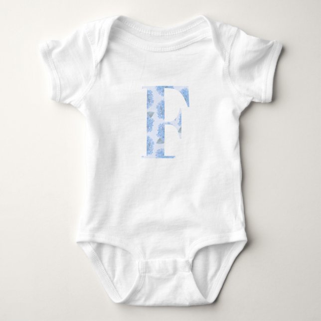 Blue Toile Floral Hydrangea "F" One-Sie Baby Bodysuit (Front)