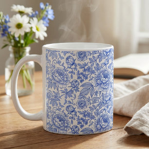 Blue Toile Floral Pattern Classic Botanical Coffee Mug
